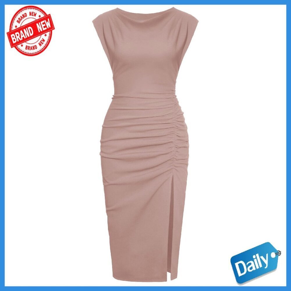 Mock Neck Ruched Bodycon Midi Dress with Side Slit - Cocktail Party Wedding